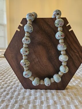 Vintage Hand Painted Porcelain Bead Necklace Pale Blue Floral Chinoiserie